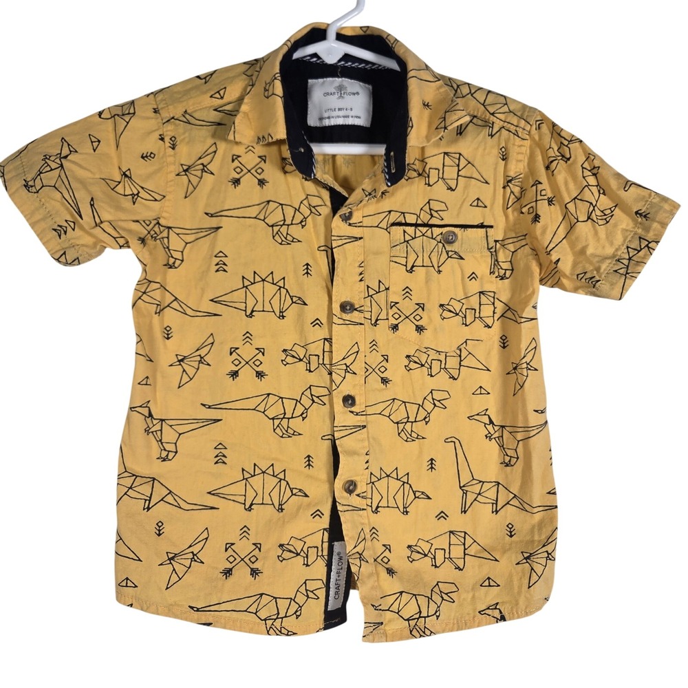 Craft+Flow Origami Dinosaur Shirt Kids 4-5 Mustard Yellow Short Sleeve Button Up